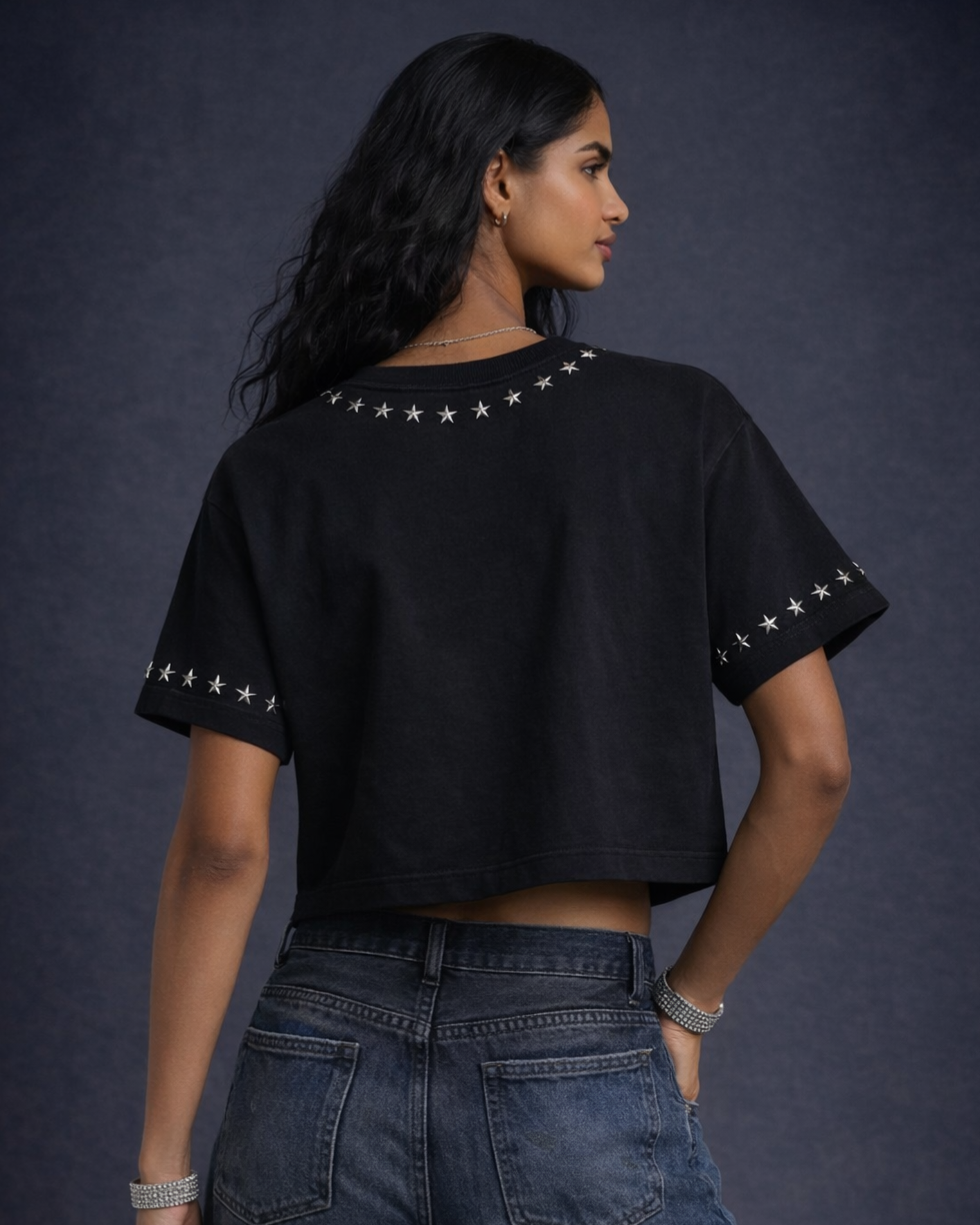 BillionaireZ Star Studded Materialistic Crop Tee- Black