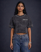 BillionaireZ Star Studded Materialistic Crop Tee- Acid Wash
