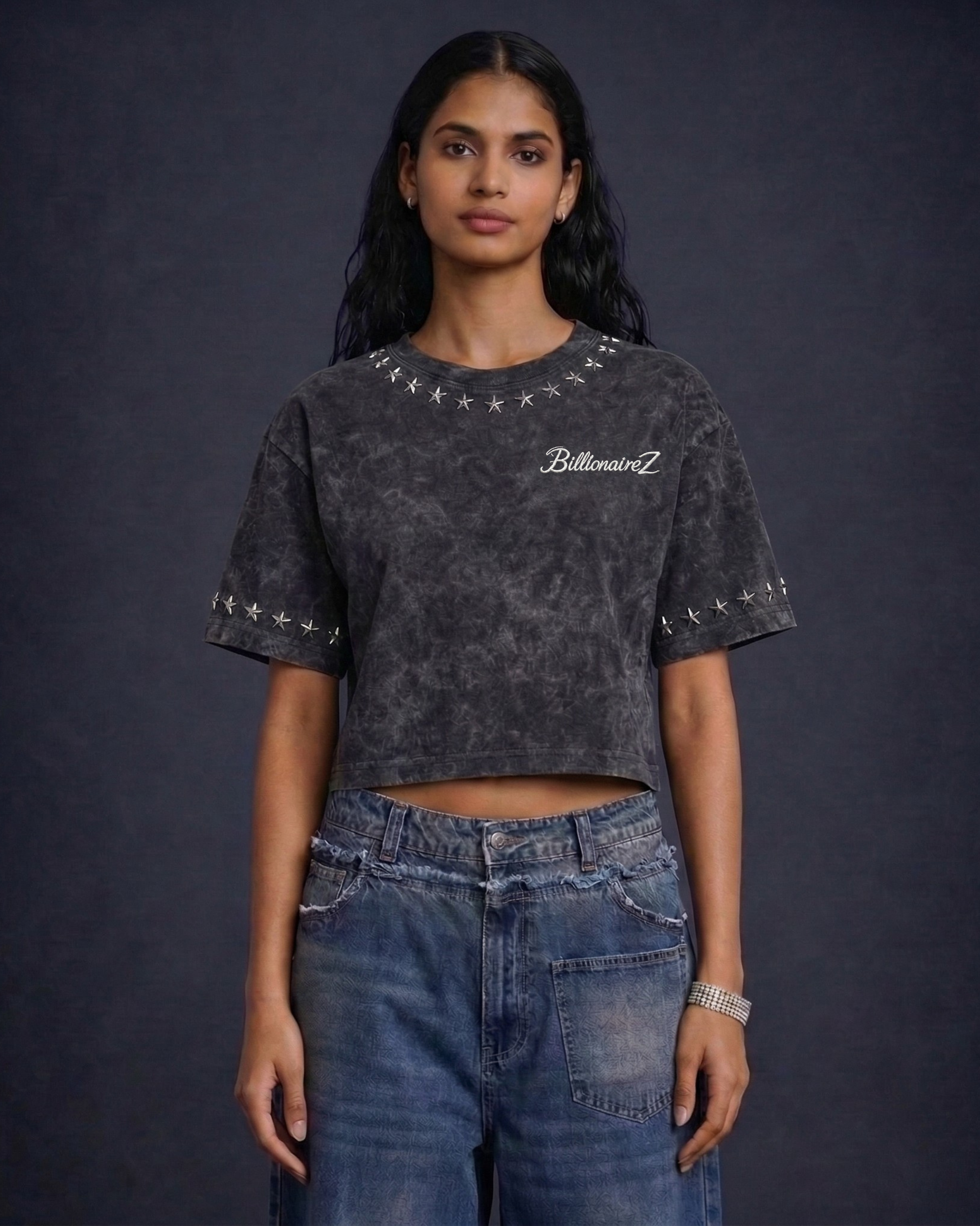 BillionaireZ Star Studded Materialistic Crop Tee- Acid Wash
