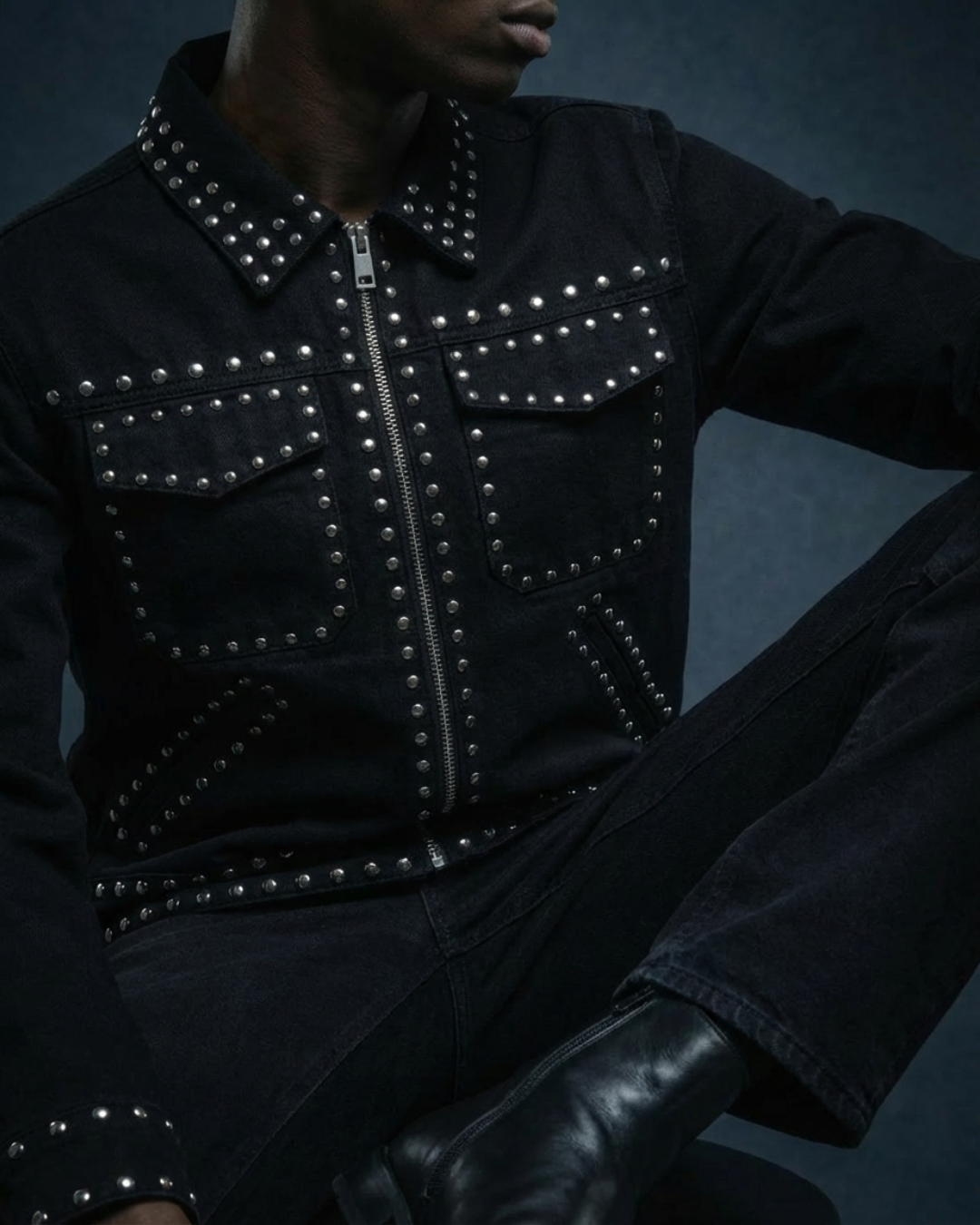 BillionaireZ Noir Regiment Studded Denim Jacket