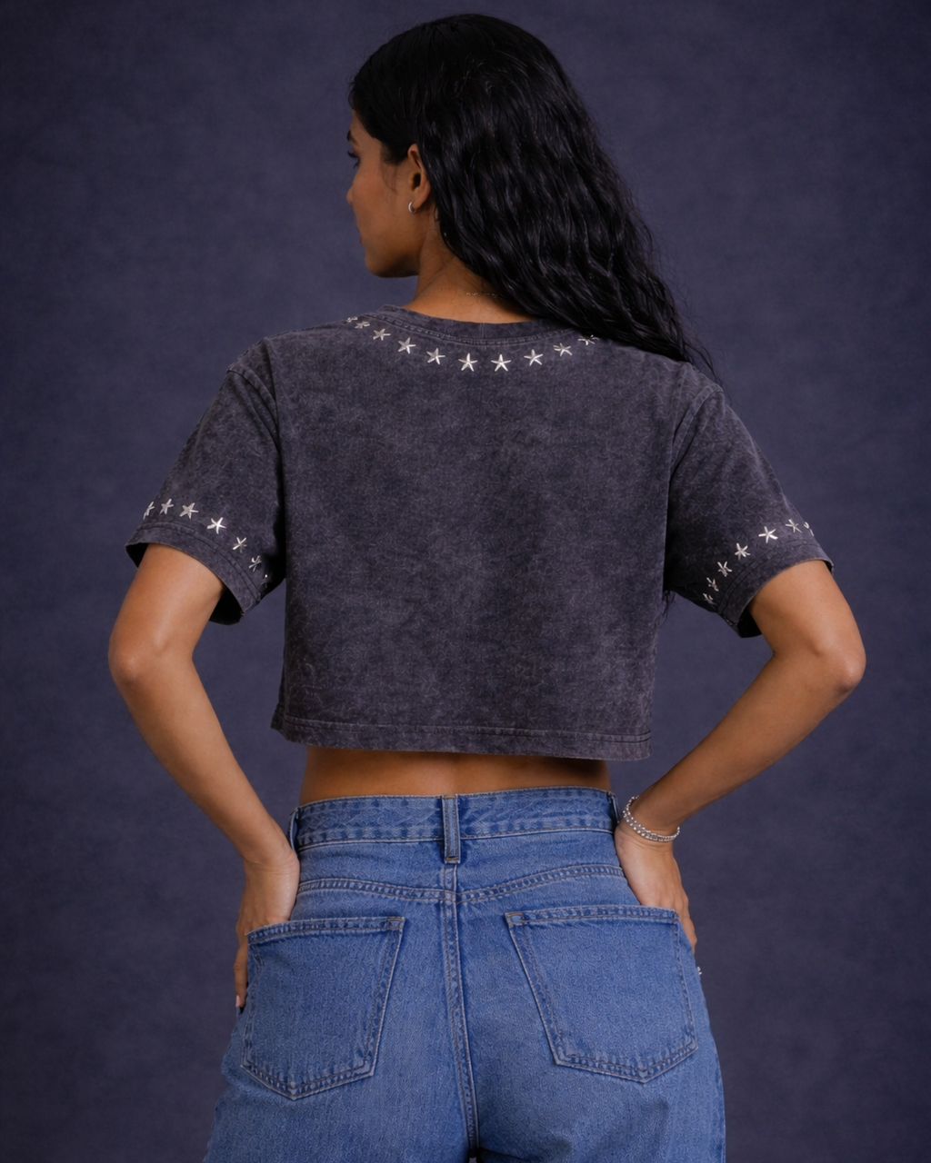BillionaireZ Star Studded Materialistic Crop Tee- Acid Wash