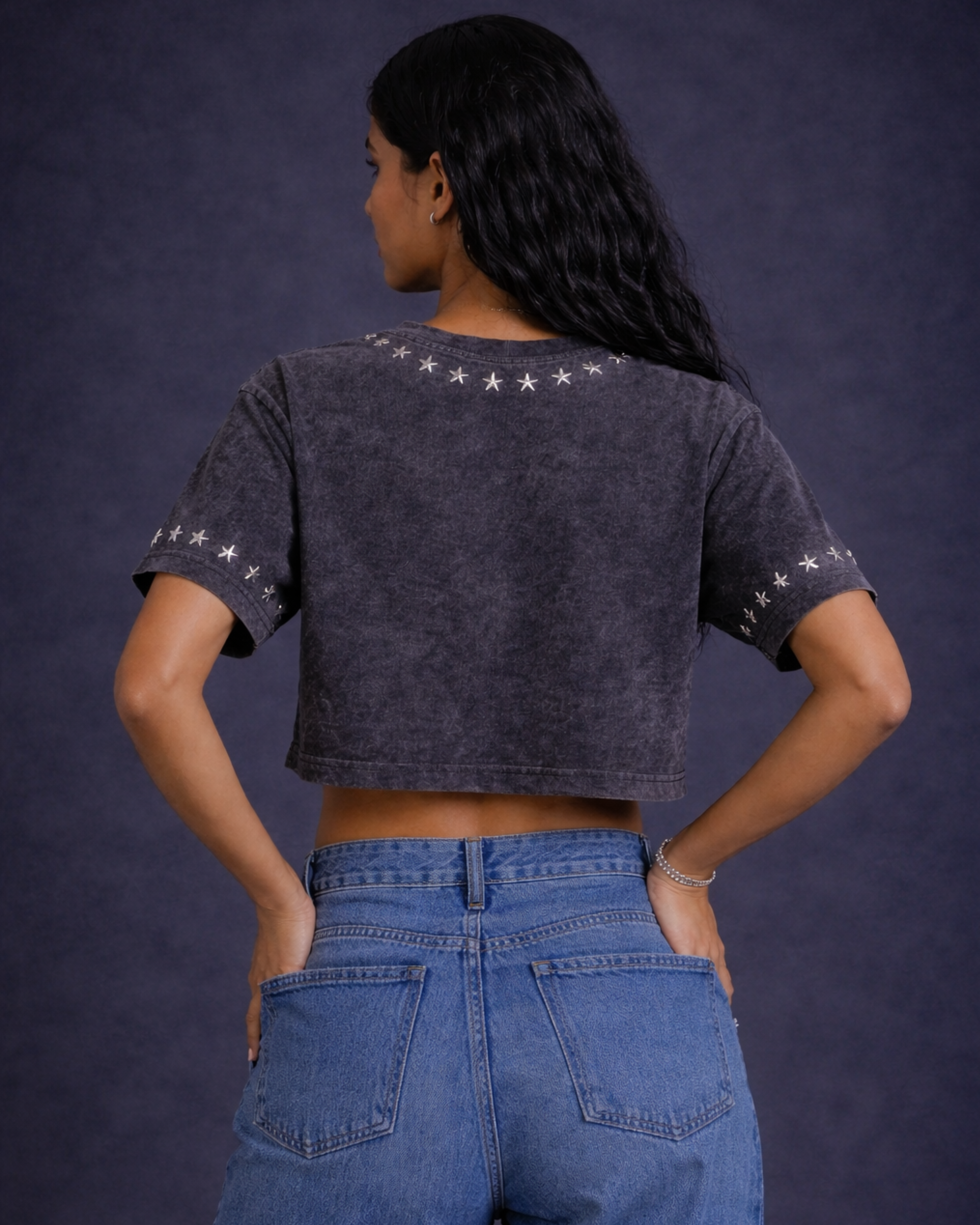 BillionaireZ Star Studded Materialistic Crop Tee- Acid Wash