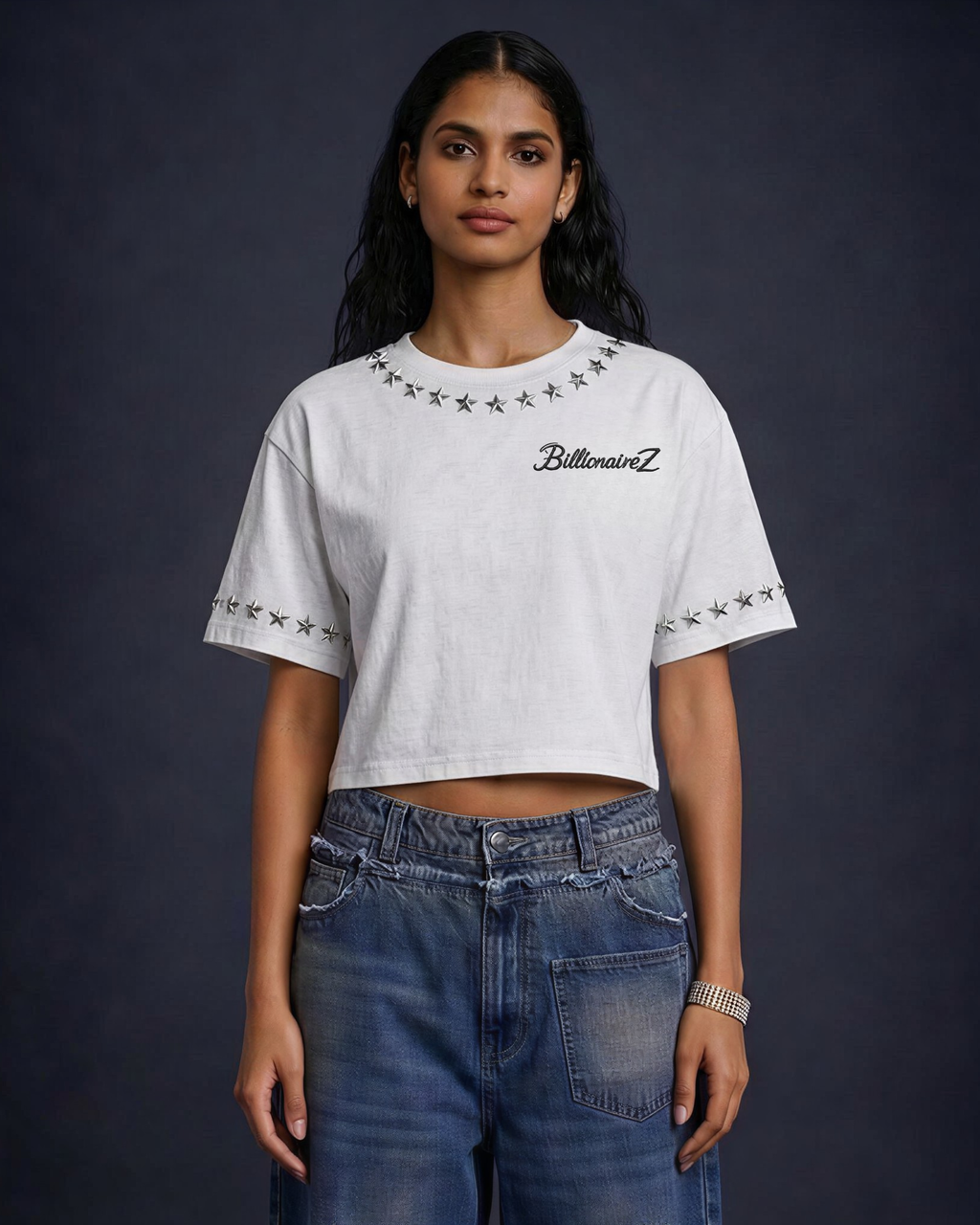 BillionaireZ Star Studded Materialistic Crop Tee- White