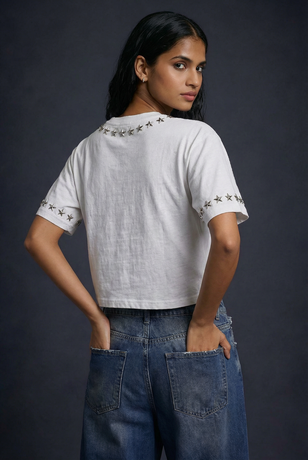BillionaireZ Star Studded Materialistic Crop Tee- White